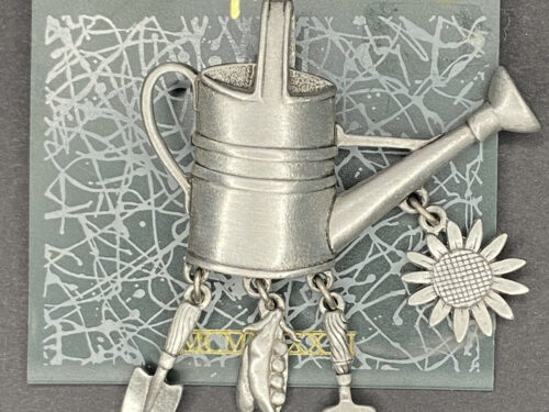 Vintage JJ watering can brooch in pewter tone